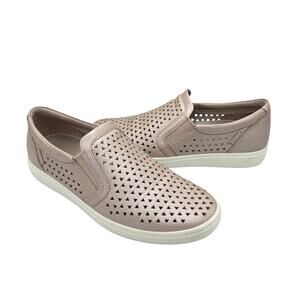 Ecco Soft 7 Champagne Taupe Leather Perforated Laser Cut Slip On Casual Sneakers